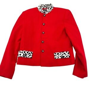 Vinci Clothiers Red Wool Blazer‎ Leopard Trim Collar Pockets Women Size 4